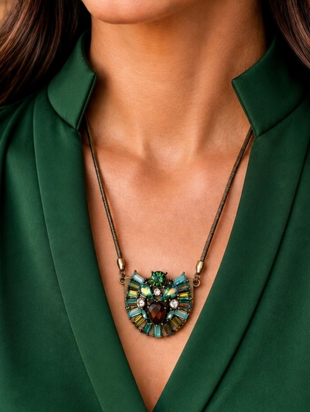 Lia Sophia Outlet Signed Oil Slick Rhinestone Baguettes Oxidized Brass Necklace
